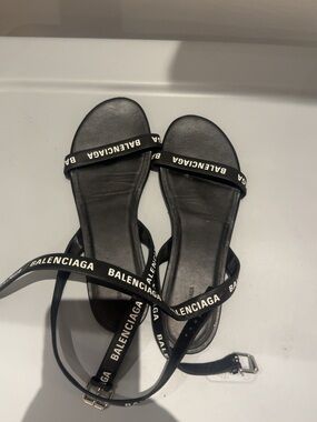 Balenciaga Black Logo Strap Flat Women's Sandals